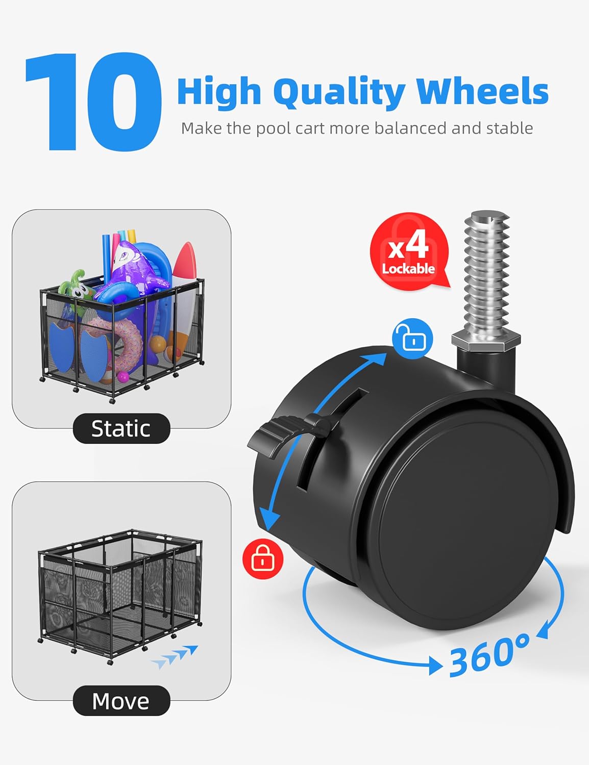 Pool Float Storage – Outdoor Pool Toy Storage Organizer for Pool Noodles, Toys, Floats, Balls,Equipment, Mesh Rolling Storage Organizer Bin, Black