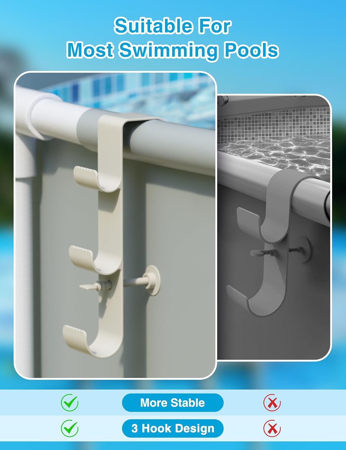 Pool Hooks for Poles - Adjustable 3-Hook Pool Pole Hanger for Above Ground Pool Accessories,Skimmer & Cleaning Tool Bracket for Above Ground Pool Maintenance