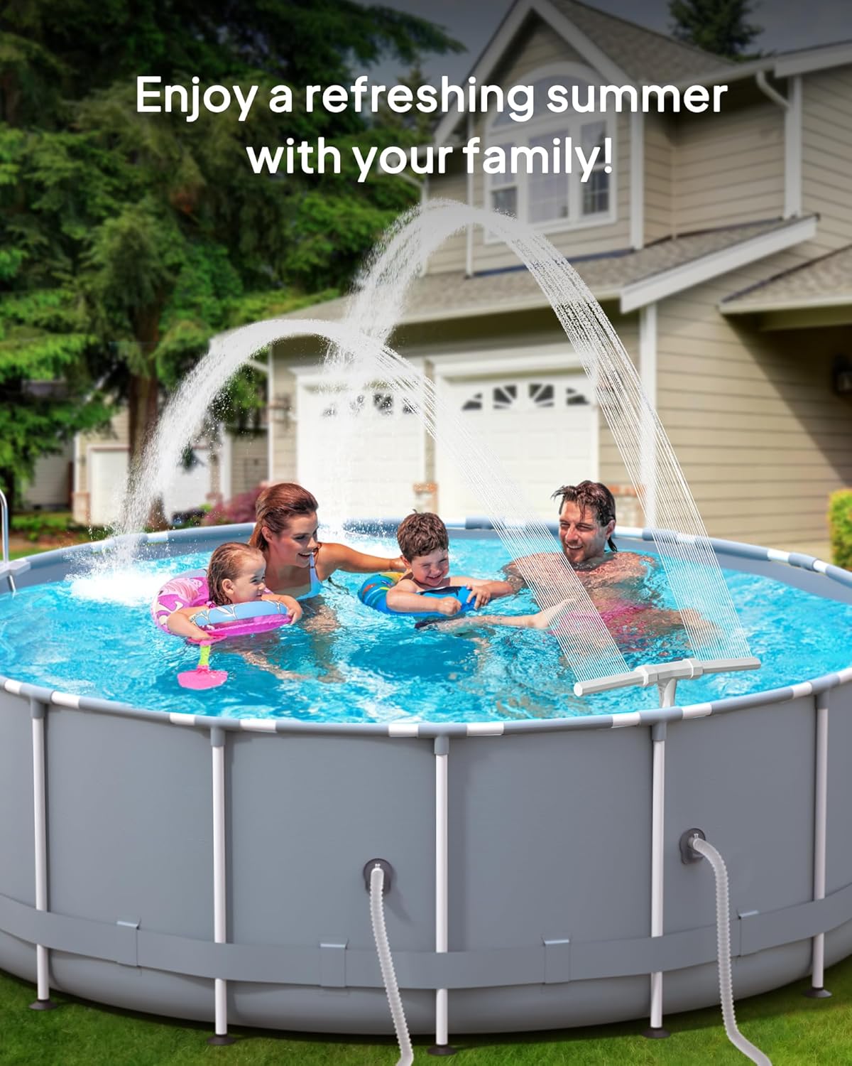 Dual Spray High-Pressure Pool Fountain - Adjustable Waterfall Sprinkler Cooler for Above-Ground & In-Ground Pools, 360°Cooling Jet & Relaxation, Gray