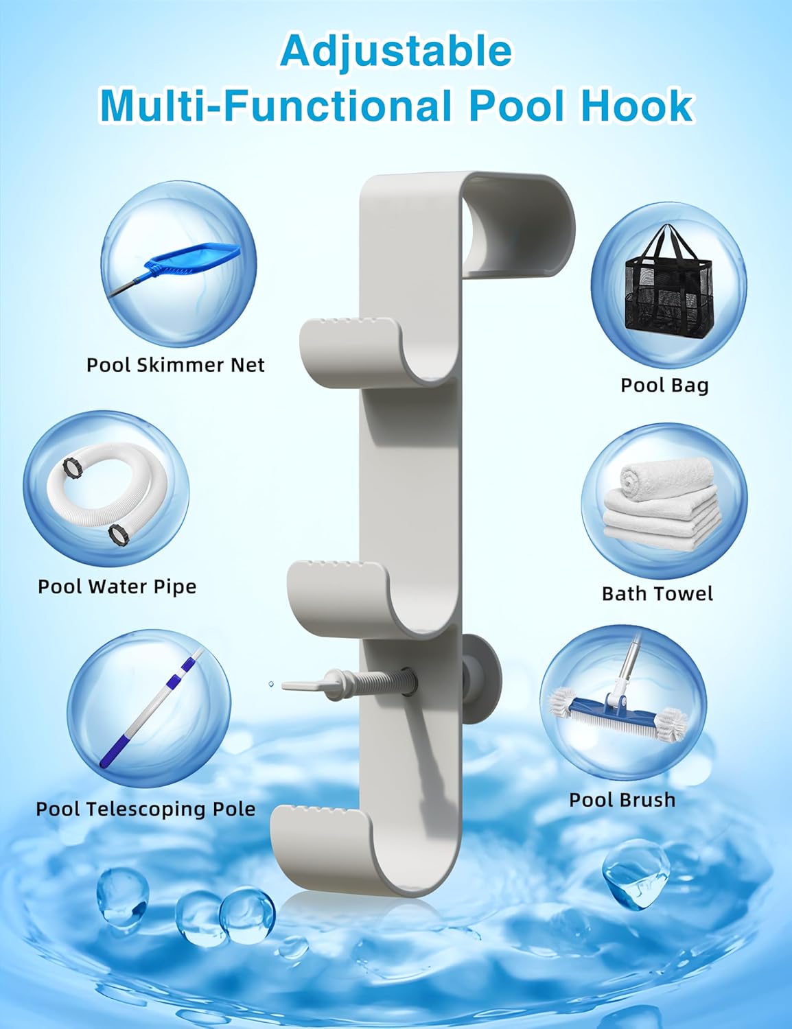 Pool Hooks for Poles - Adjustable 3-Hook Pool Pole Hanger for Above Ground Pool Accessories,Skimmer & Cleaning Tool Bracket for Above Ground Pool Maintenance