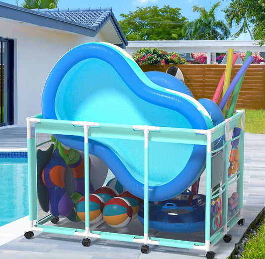 Pool Storage Bin XX-Large, Nylon Mesh Pool Float Storage Organizer for Noodles, Goggles, Floats & Balls, Outdoor Pool Toy Storage with Rolling Cart for Swimming Equipments, Cyan