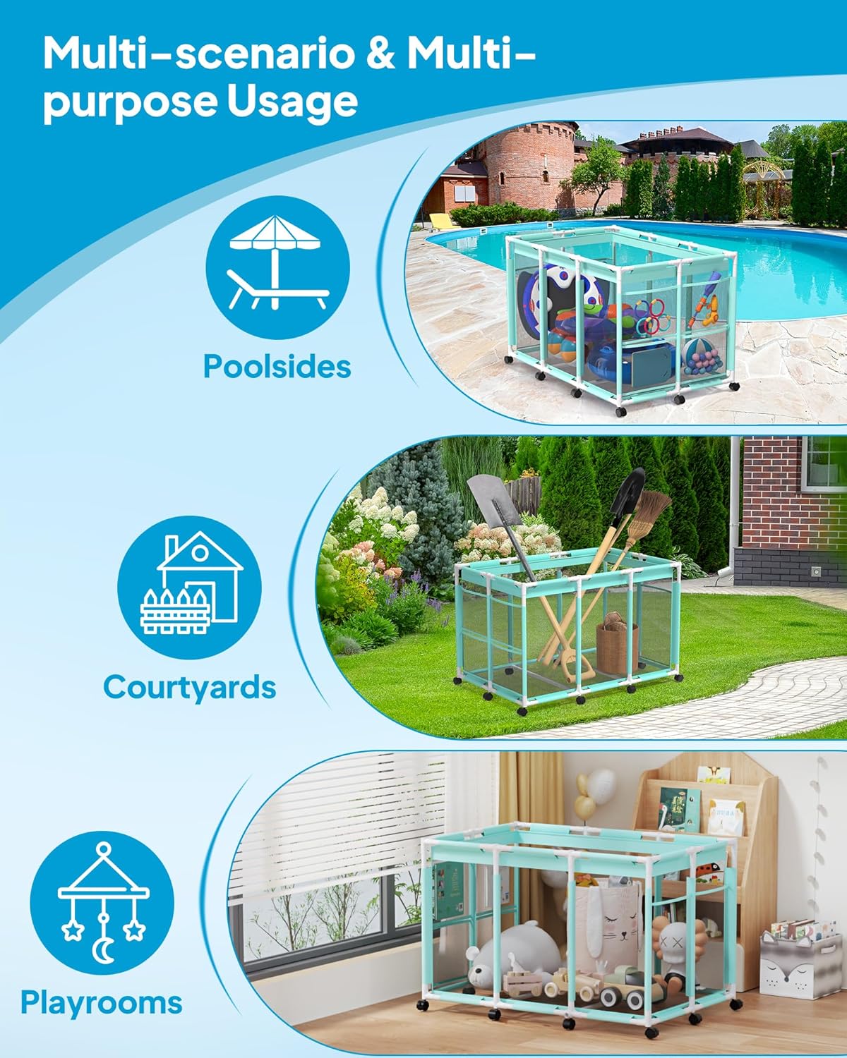 Pool Storage Bin XX-Large, Nylon Mesh Pool Float Storage Organizer for Noodles, Goggles, Floats & Balls, Outdoor Pool Toy Storage with Rolling Cart for Swimming Equipments, Cyan