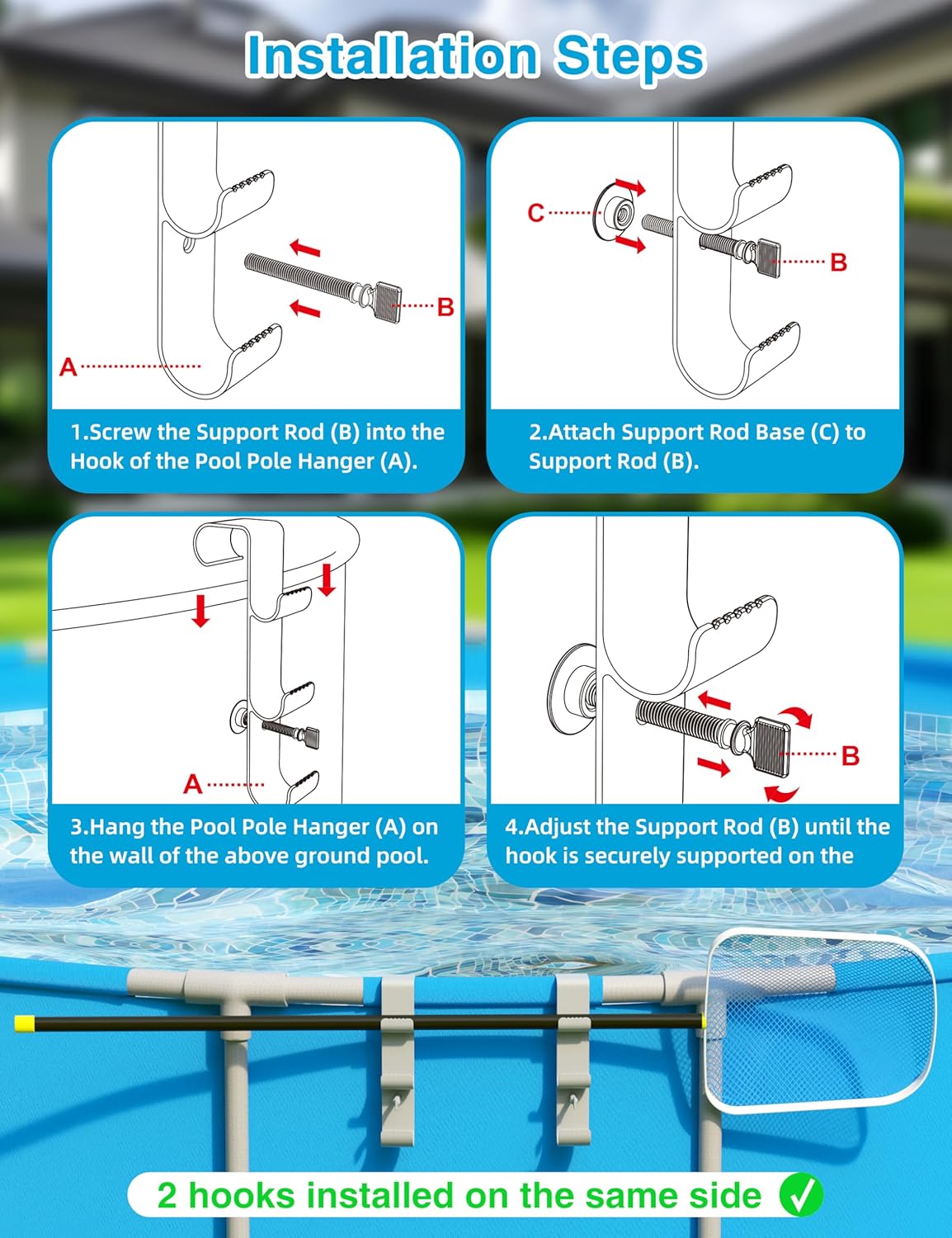 Pool Hooks for Poles - Adjustable 3-Hook Pool Pole Hanger for Above Ground Pool Accessories,Skimmer & Cleaning Tool Bracket for Above Ground Pool Maintenance