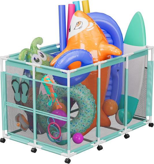 Pool Float Storage – Outdoor Pool Toy Storage Organizer for Pool Noodles, Toys, Floats, Balls, and Equipment, Mesh Rolling Storage Organizer Bin, Cyan