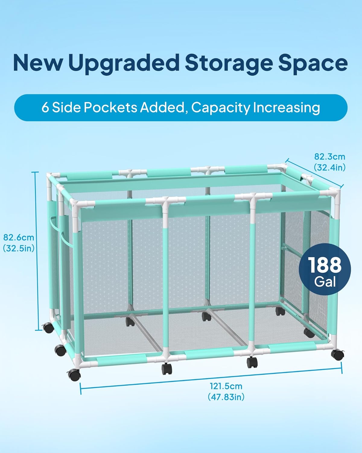 Pool Storage Bin XX-Large, Nylon Mesh Pool Float Storage Organizer for Noodles, Goggles, Floats & Balls, Outdoor Pool Toy Storage with Rolling Cart for Swimming Equipments, Cyan
