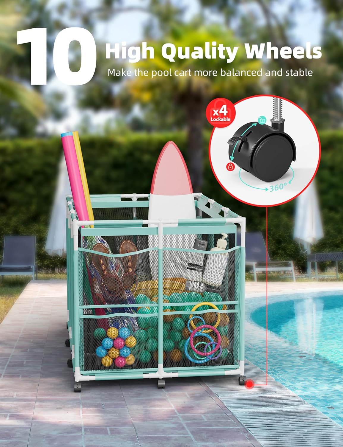 Pool Float Storage – Outdoor Pool Toy Storage Organizer for Pool Noodles, Toys, Floats, Balls, and Equipment, Mesh Rolling Storage Organizer Bin, Cyan
