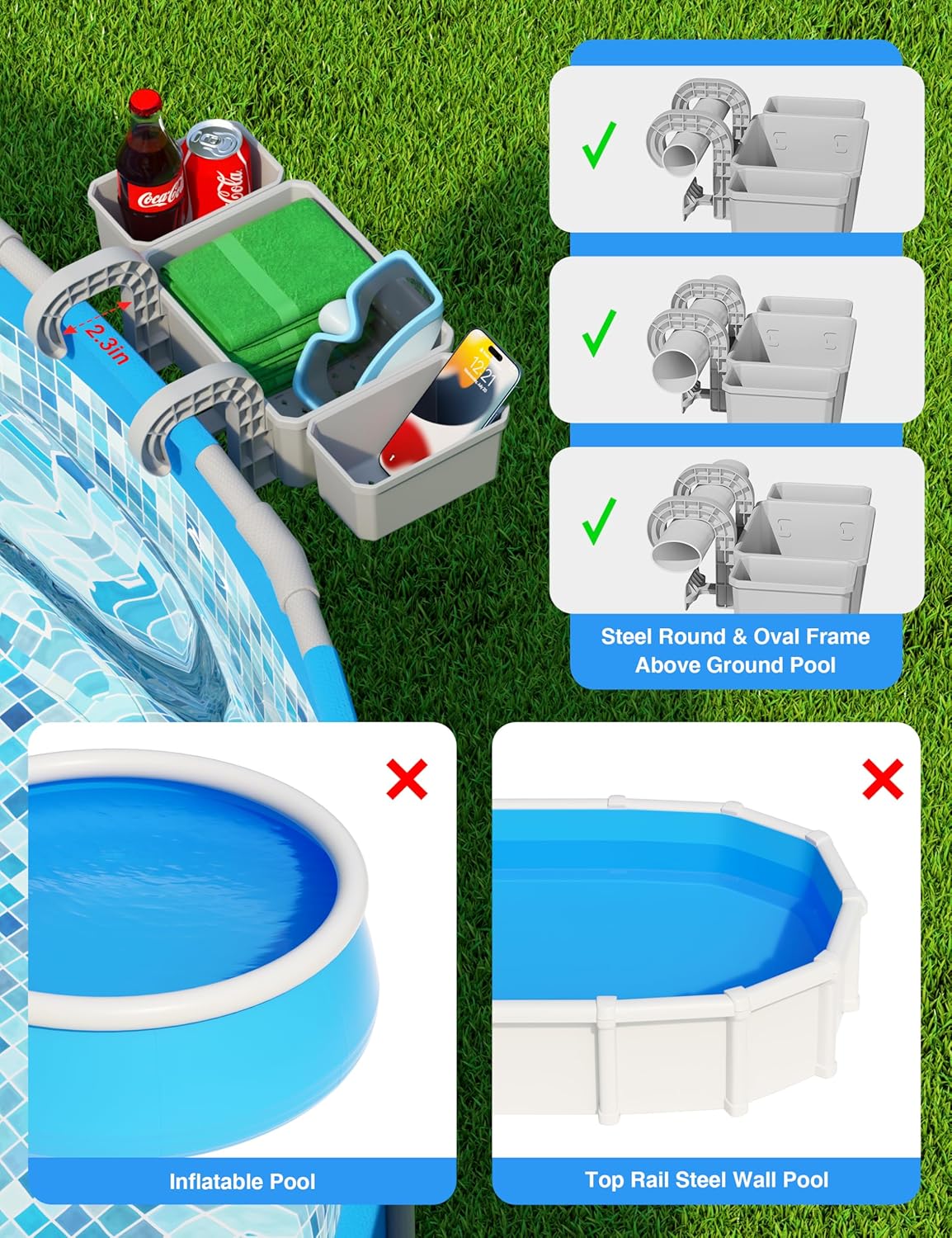 Poolside Storage Basket with 2 Cup Holders, Stretchable Pool Toy Basket for Towels Beverages, Multifunctional Poolside Holder for Most Frame Pool Accessories (2Pack)