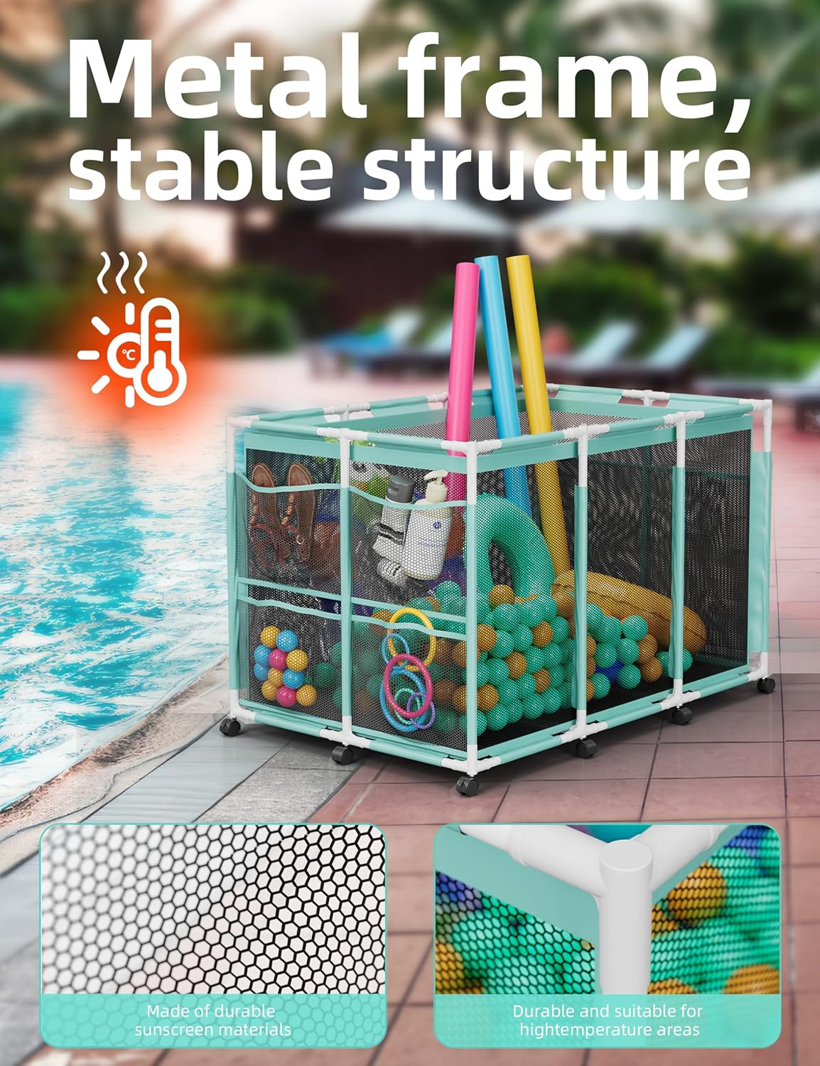 Pool Float Storage – Outdoor Pool Toy Storage Organizer for Pool Noodles, Toys, Floats, Balls, and Equipment, Mesh Rolling Storage Organizer Bin, Cyan
