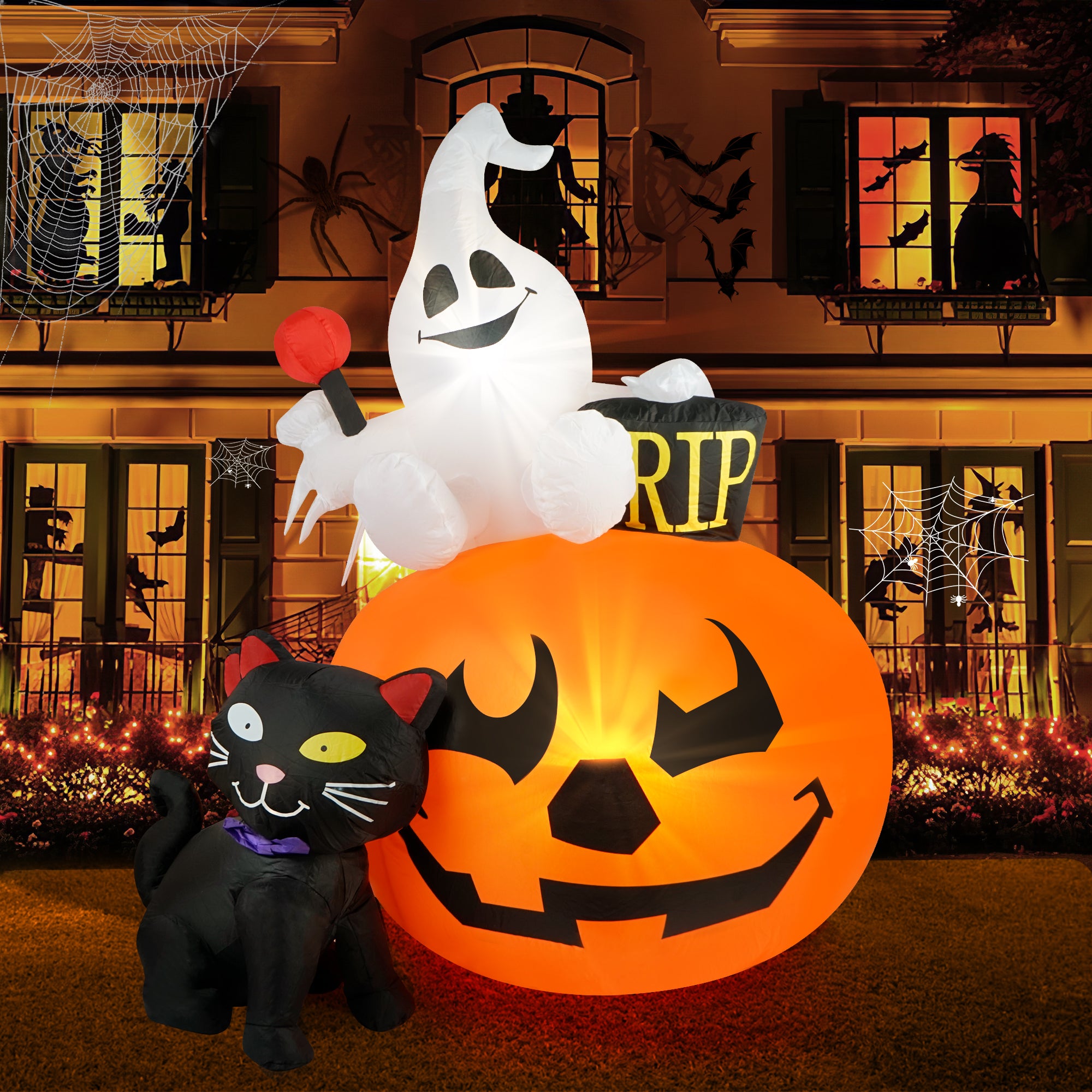 HOPOCO 5 FT Halloween Inflatable Decorations Spooky Pumpkin Witch Lighted and Black Cat Inflatable Model, Halloween Decorations Outdoor Inflatables Pumpkin Combo with Build-in LEDs Blow Up
