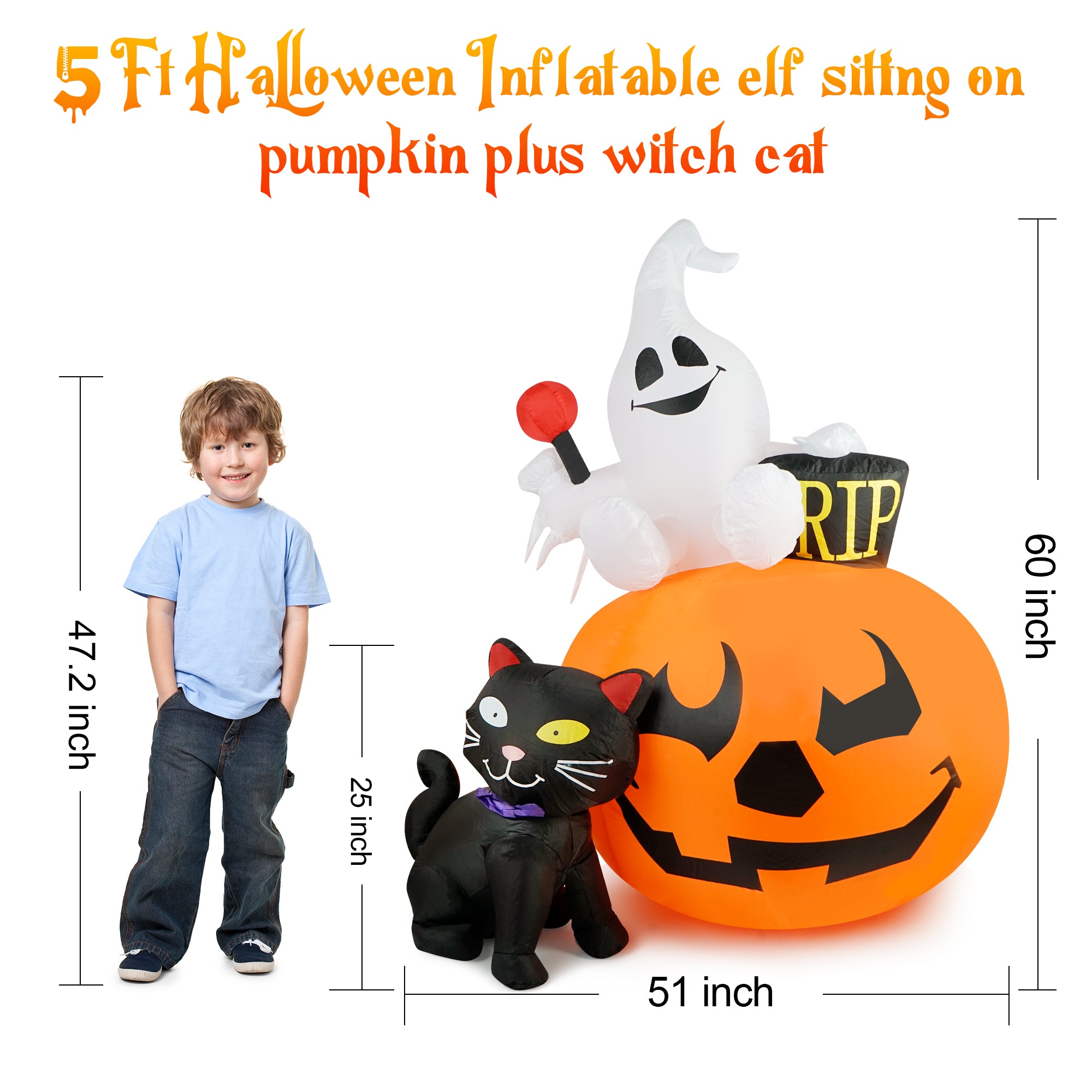 HOPOCO 5 FT Halloween Inflatable Decorations Spooky Pumpkin Witch Lighted and Black Cat Inflatable Model, Halloween Decorations Outdoor Inflatables Pumpkin Combo with Build-in LEDs Blow Up