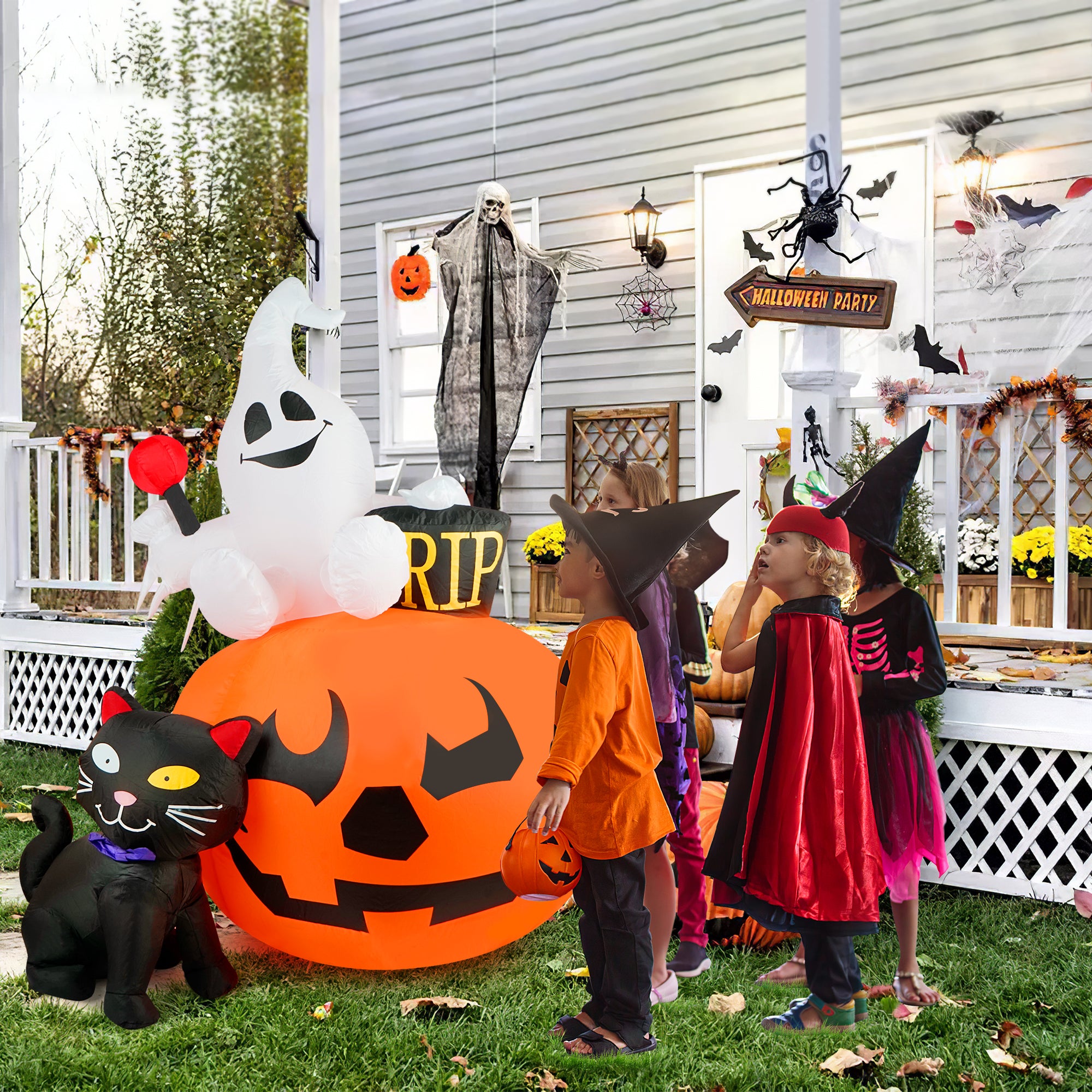 HOPOCO 5 FT Halloween Inflatable Decorations Spooky Pumpkin Witch Lighted and Black Cat Inflatable Model, Halloween Decorations Outdoor Inflatables Pumpkin Combo with Build-in LEDs Blow Up